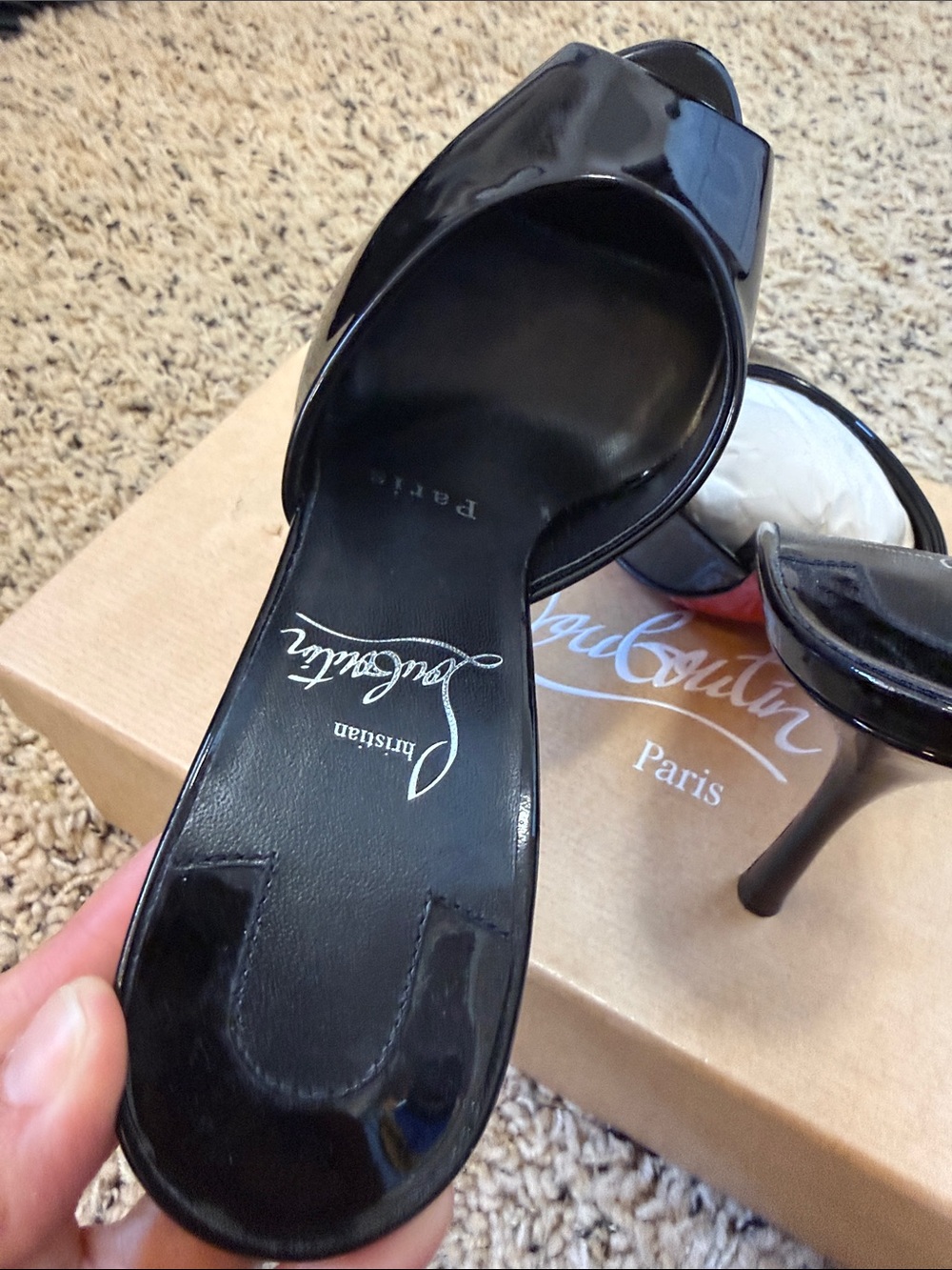 Christian Louboutin Me Dolly Black Patent Peep-Toe Slide Mules - Picture 5 of 8